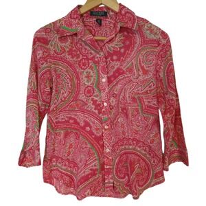 Lauren Ralph Lauren Shirt Top Petite Med Pink Paisley 3/4 Sleeves Button Up